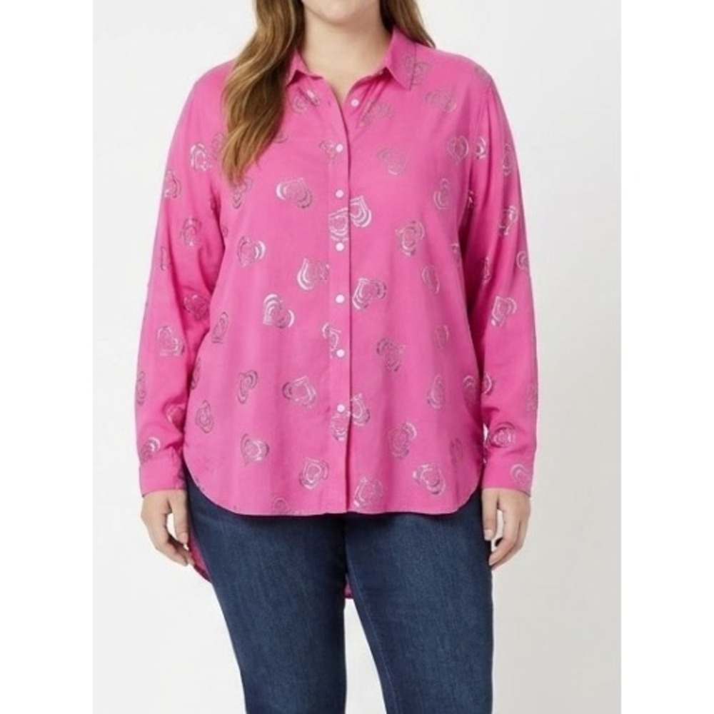Jane and Delancey Button Down XL Pink Heart Metallic Print High Low Blouse